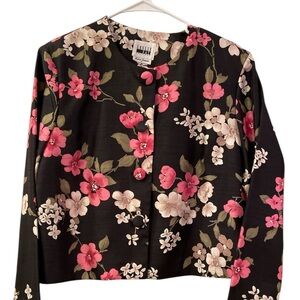 Leslie Fay Jacket Cropped Black Pink White Floral Lightweight WMS SZ 13 Nice
